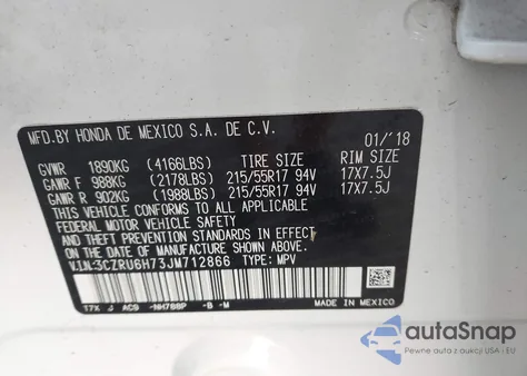 2018 Honda Hr-V Ex-L из США, поврежденный, VIN 3CZRU6H73JM712866